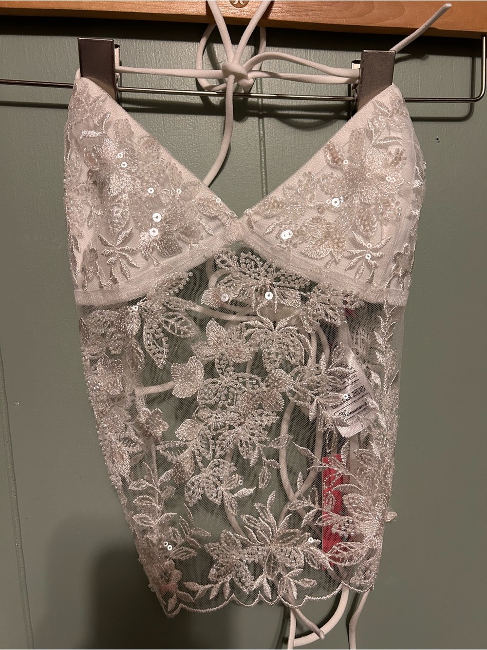 Edikted White Floral Lace Halter Tank Top with Sequins